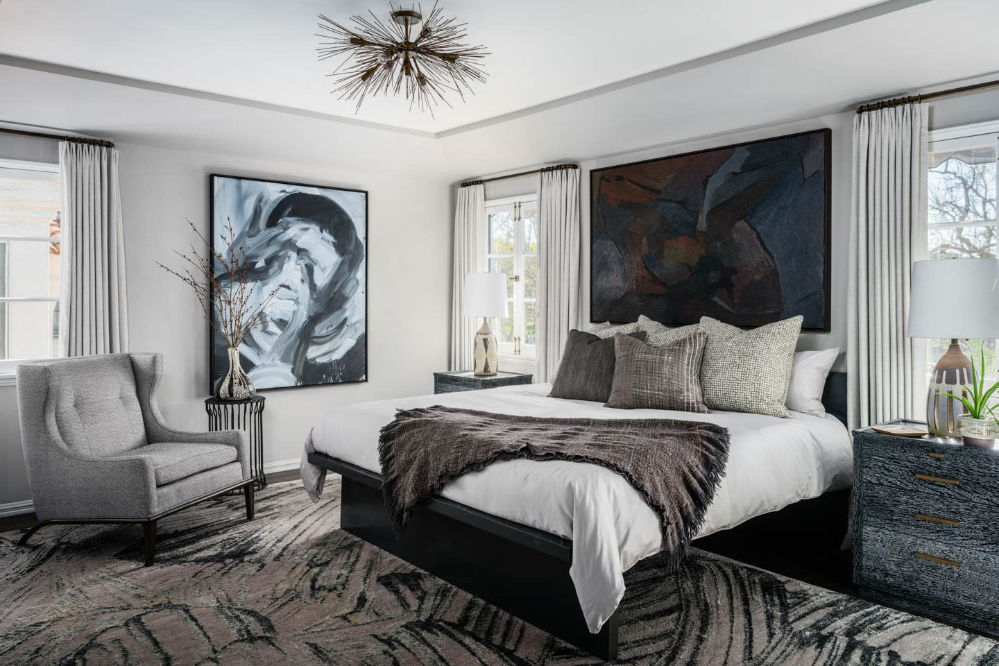 modern bedroom with graphic carpet