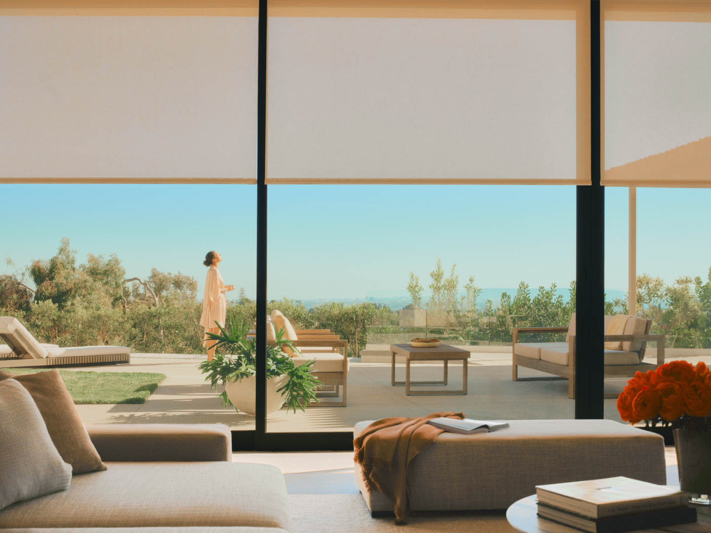 contemporary room with views of a back deck