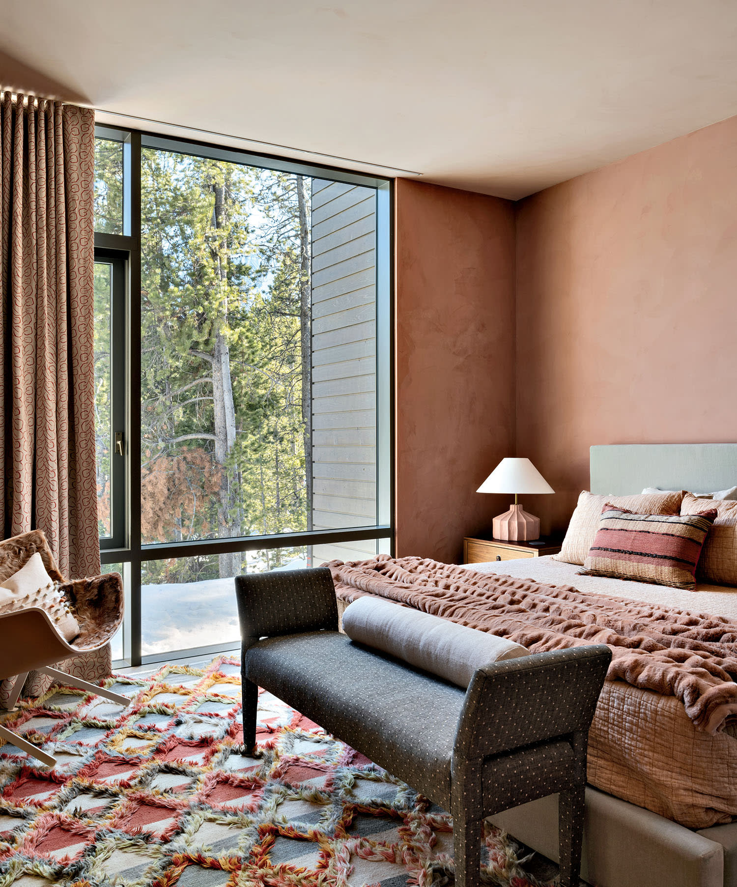 peachy-pink guest bedroom with various textures 