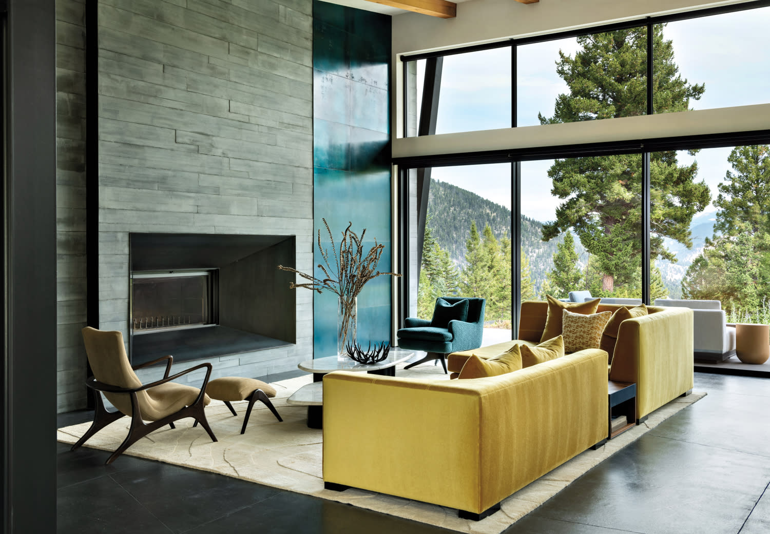 modern living room with a yellow sofa