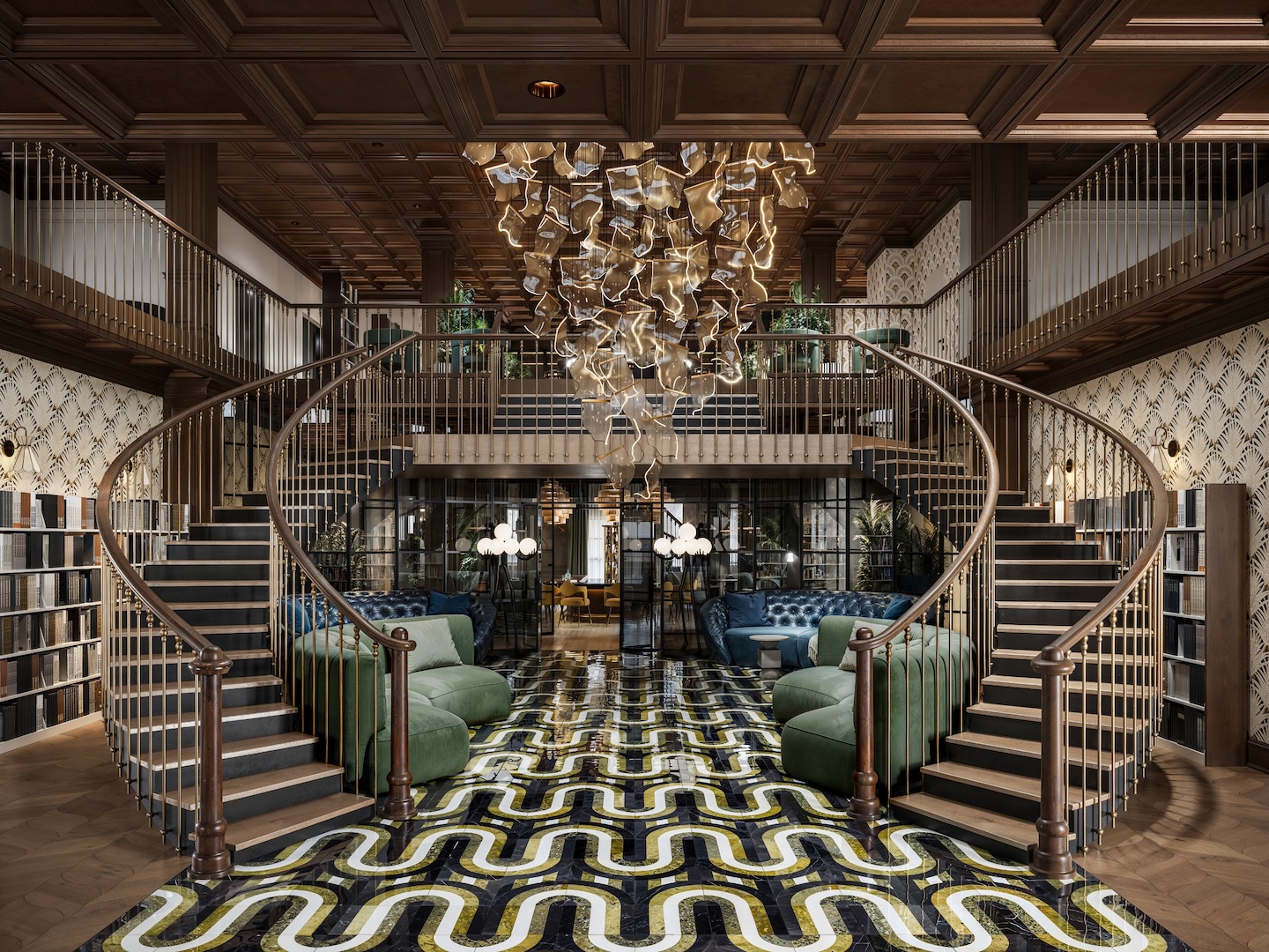 Luxurious library with dual spiral staircases, intricate black and yellow floor pattern, central abstract chandelier, and plush green seating.